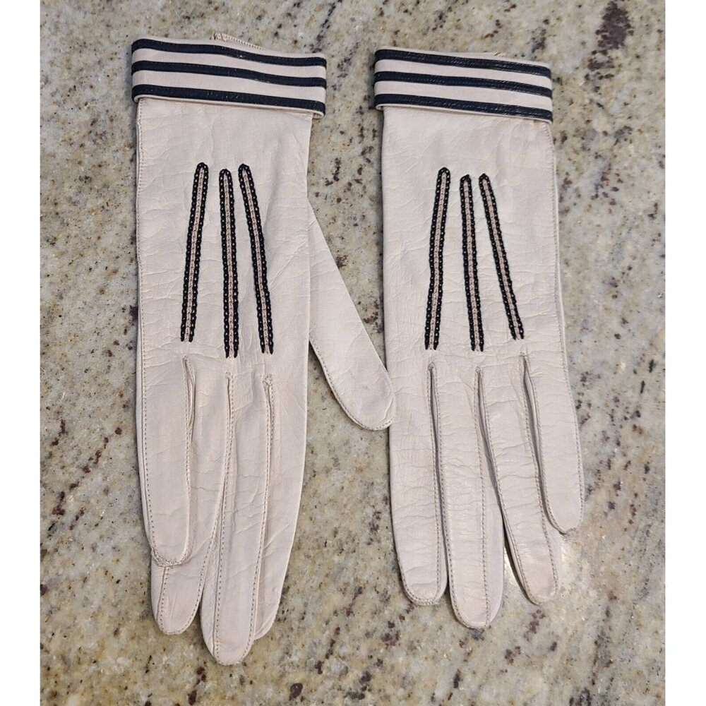 Vintage Size XS 6 3/4 Beige Black Leather 9" Formal Gloves Stripe Wrist Snap